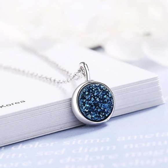 NEW Sterling Silver Blue Druzy Crystal Necklace - Picture 8 of 10